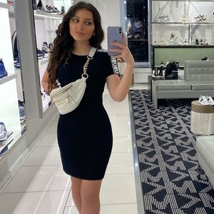 michael kors bodycon ribbed black logo dress